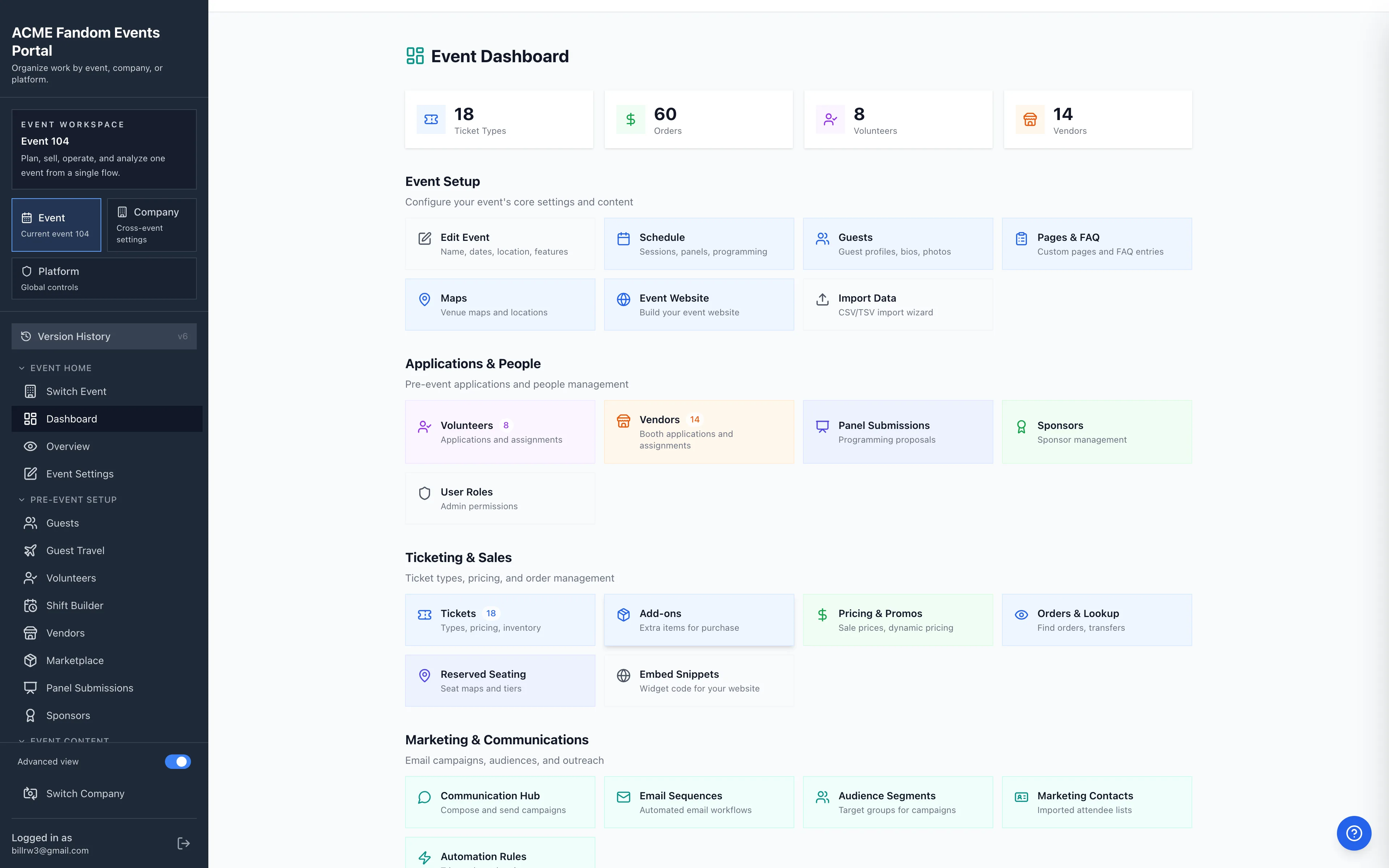 Corporate event admin dashboard with session and sponsor management
