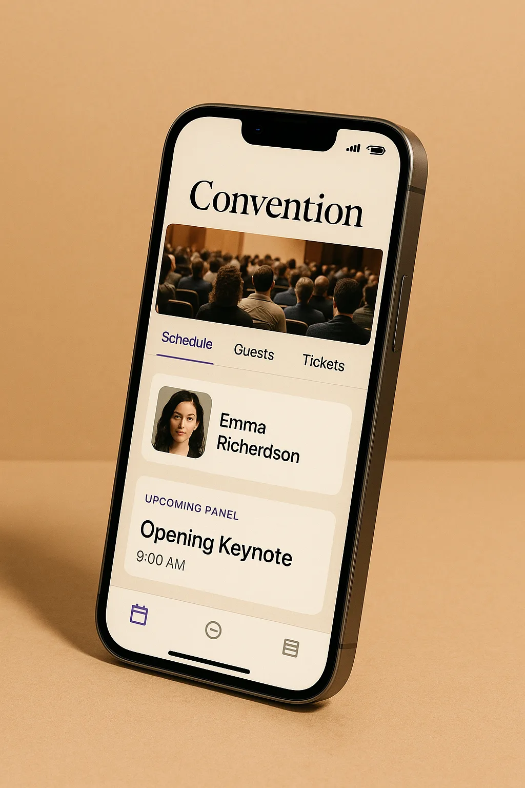 Corporate event attendee app showing agenda and speaker bios