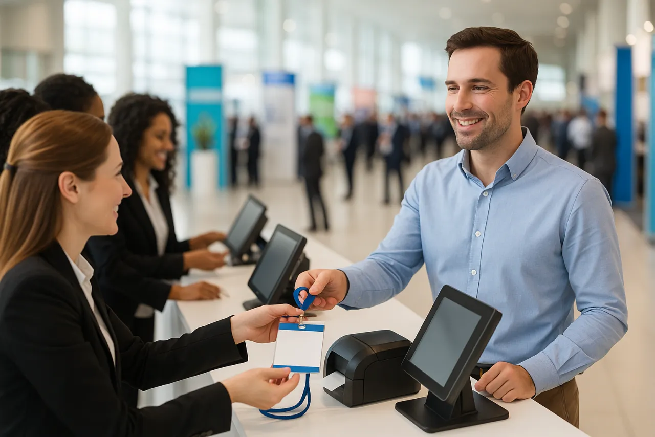 Trade show registration desk with badge printing